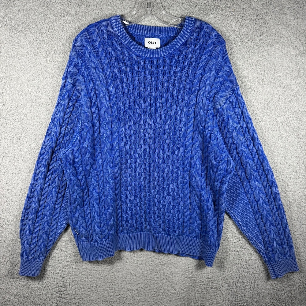 Obey Mens Blue Cable Knit Cotton Pullover Sweater Size Large Streetwear